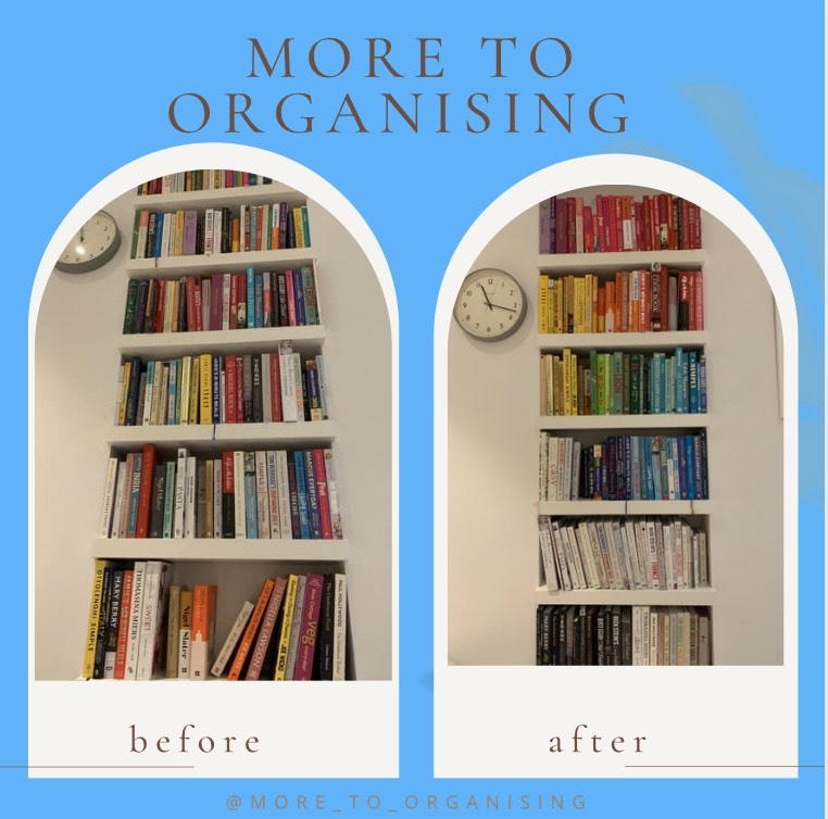 Before and after. Showing organised bookcase
